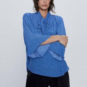 Zara Blouse Womens Medium Blue Black Print Collarless Long Sleeves